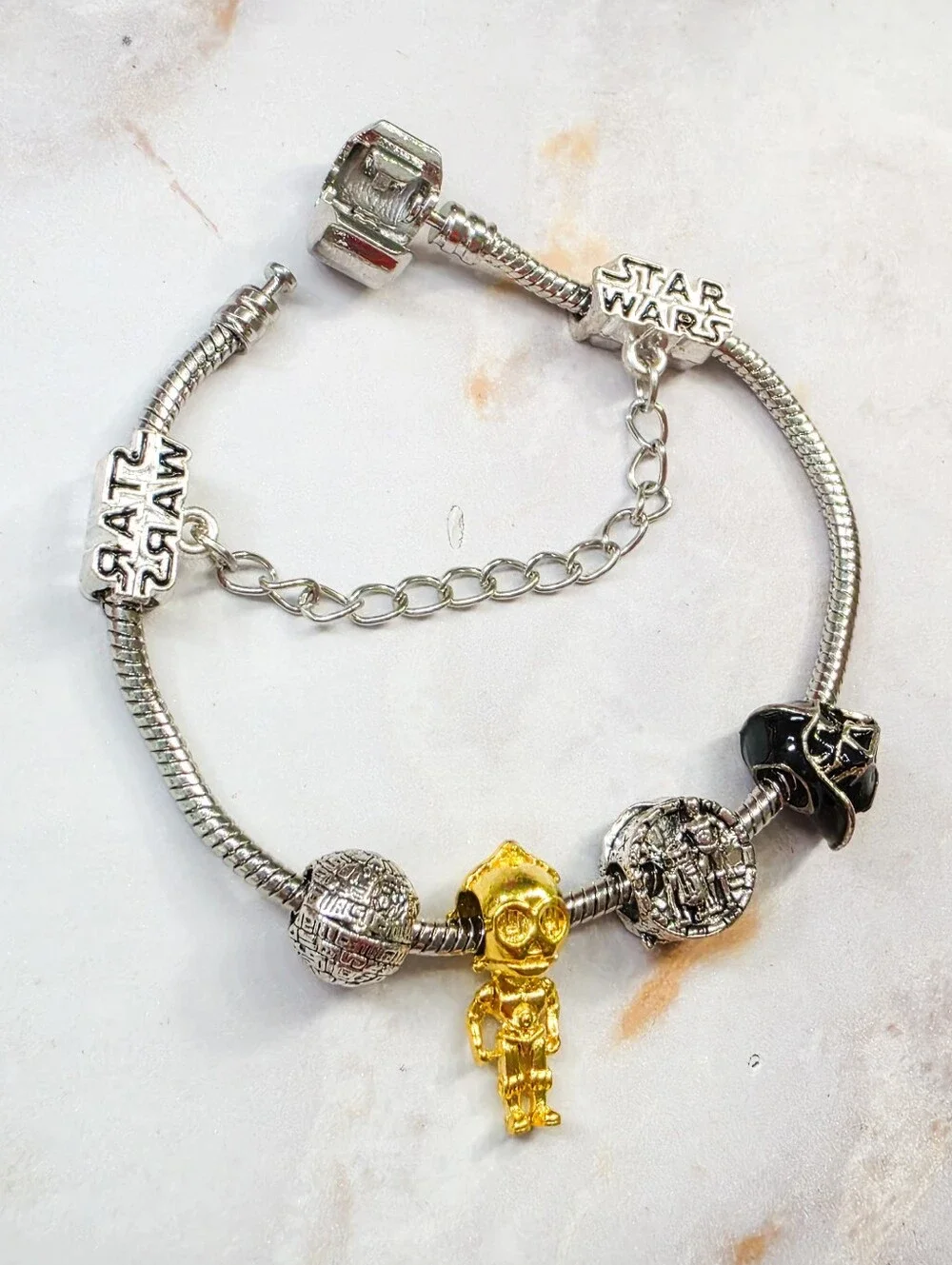 Star Wars Pandora Style Charm Bracelet C3PO Darth Vader Silver Tone